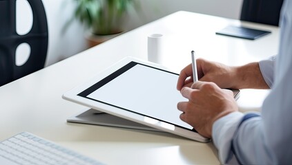 male hands using digital tablet at table in office