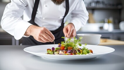 Close up of a chef preparing a salad in a restaurant kitchen.