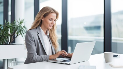 smiling businesswoman using laptop at workplace in office, side view