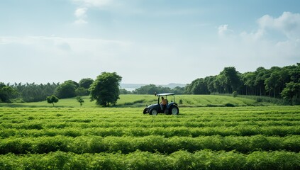 Tractor spraying pesticides on soybean field, agriculture in Thailand.