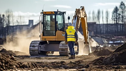 Fototapete Traktor Excavator working on a construction site. Heavy duty construction equipment.