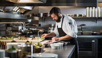 Chef preparing food in the kitchen of a restaurant or hotel. - Powered by Adobe