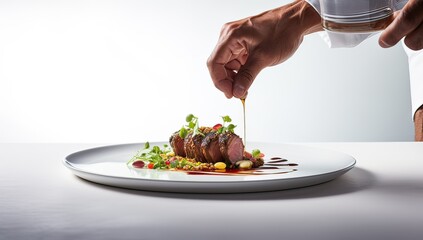 Chef's hand garnishing a beef steak with vegetables on a white plate - obrazy, fototapety, plakaty