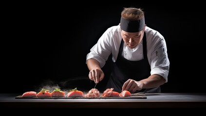 young male chef in a white apron prepares sushi rolls on a black background