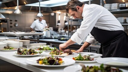Chef preparing food in the kitchen of a modern restaurant or hotel