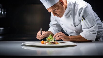 Chef preparing a salad in the kitchen at the restaurant. Professional chef in a professional kitchen.