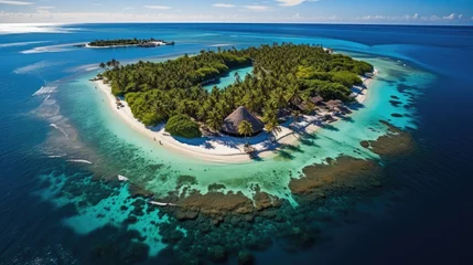 Foto auf Acrylglas Bora Bora, Französisch-Polynesien drone shot of a tropical paradise island like Maldives with small houses.
