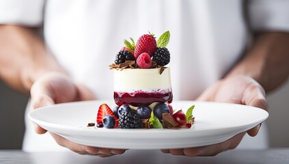 Closeup of male hands holding white plate with fresh berry dessert - Powered by Adobe