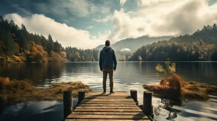  a man stands on a jetty at a lake and looks out to sea. © jr-art