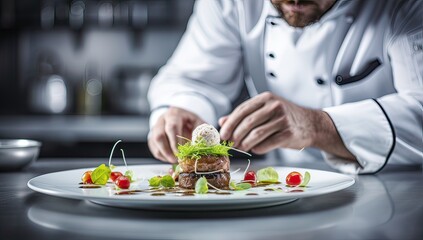 Chef decorating a dish on a white plate in a restaurant