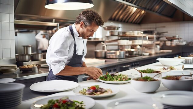 Chef Preparing Food In Restaurant Kitchen. Portrait Of Male Chef Decorating Restaurant Table.