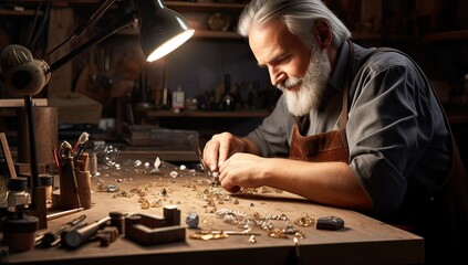 Jeweler working with precious stones at his workbench in his workshop