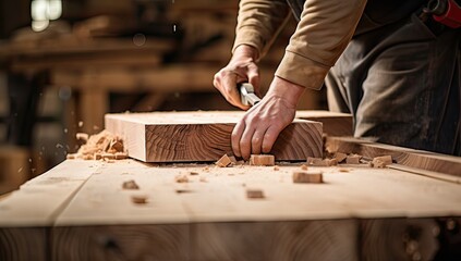 Fototapeta na wymiar Carpenter working on a wooden board in his carpentry workshop