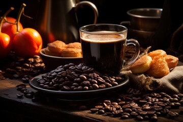 coffee beans with a hot cup