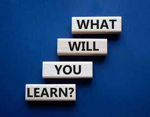 What will you learn symbol. Concept word. What will you learn on wooden blocks. Beautiful deep blue background. Business and What will you learn concept. Copy space