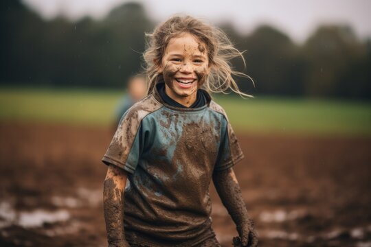 Portrait of a happy child playing in the mud in the countryside
