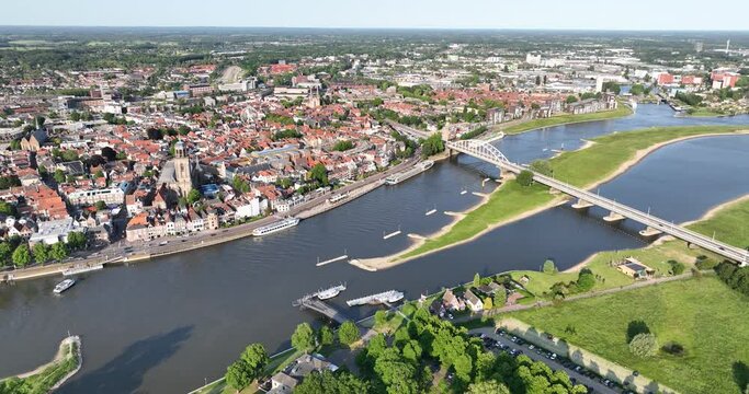 Majestic Aerial View of Deventer: Dutch Urban Skyline Along the IJssel River