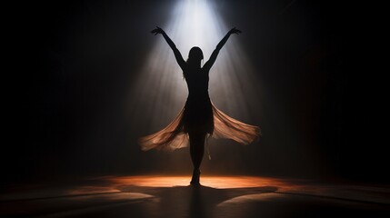  In a dimly lit ballet studio, the graceful silhouette of a woman dances with elegance. an unrecognisable silhouette of woman dancing in a ballet studio, Dark light 