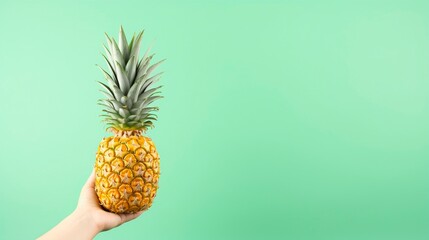 Hand holding Pineapple against light green background with text space. 