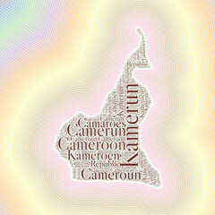 Cameroon shape formed by country name in multiple languages. Cameroon border on stylish striped gradient background. Vibrant poster. Elegant vector illustration.