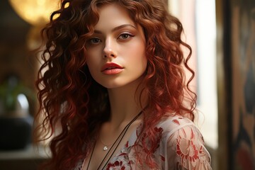 Fototapeta premium Fashionable and romantic, this Valentine's model is strikingly pretty. Her brunette hair and seductive charm make her the epitome of sexy elegance