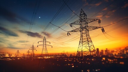 A high-voltage tower and power lines amidst the abstract blur of city lights at night - obrazy, fototapety, plakaty