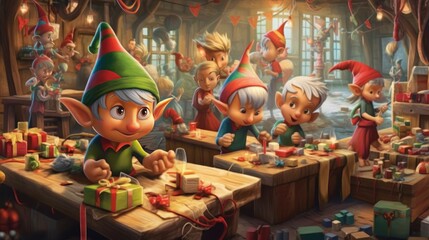 Santa Claus and elf with presents in a workshop. Christmas background. . Christmas Greeting Card. Christmas Postcard. The interior of the Christmas market.
