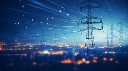 A high-voltage tower and power lines amidst the abstract blur of city lights at night - Powered by Adobe