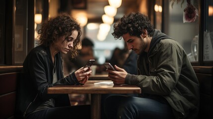 Concept of Emotionless Interaction. Two people sit across from each other at a cafe table, both absorbed in their phones, disconnected from the real world. - obrazy, fototapety, plakaty
