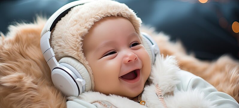 cute smiling baby with headphones (Generative AI)