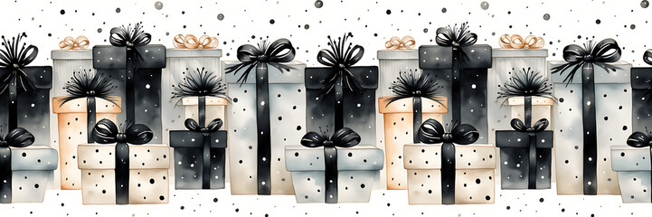 black & white christmas gifts, seamless border pattern, background banner, watercolor illustration to print gift wrap paper, cards, poster, voucher, invitation