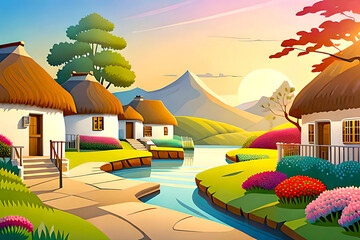 Craft a festive cartoon village landscape background for a seasonal celebration. Illustrate the village adorned with decorations, lights, and festive banners. Show villagers enjoying various activitie