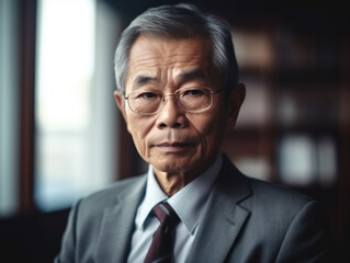 Portrait of confident asian senior executive man in suit posing  in the  enterprise office.