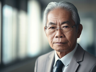 Portrait of confident asian senior executive man in suit posing  in the  enterprise office.