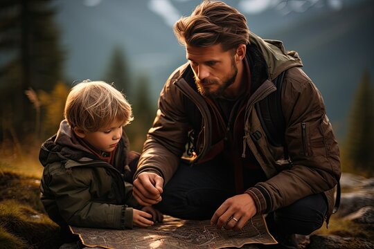 Schoolchild and his father hiking together and exploring nature. Little boy with dad looking map during orienteering in forest. Adventure, scouting and hiking tourism for kids. Daddy and son