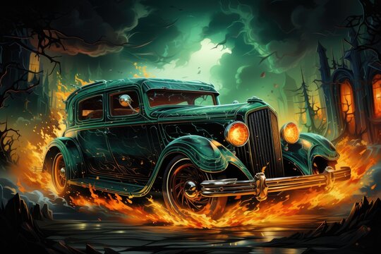 super tuning car in the style of hot wheels in fire and flame, helloween background