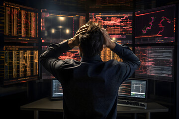 A financial agent with worried and desperate attitude, hands on his head, monitoring large data screens with stock market data graphs. Financial stress and market volatility concept - obrazy, fototapety, plakaty