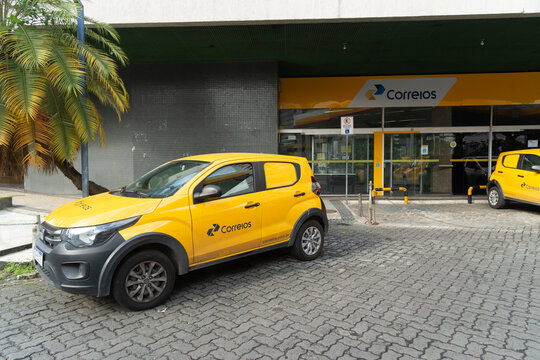 Salvador, Bahia, Brazil - August 11, 2023: Facade of the Post Office, written in Portuguese: Correios. On Avenida Tancredo Neves