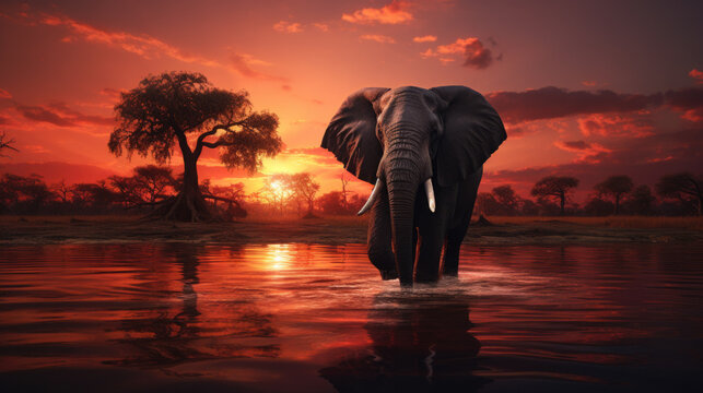 an elephant stands in the water at a red sunset