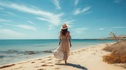 a young pretty woman in a hat and a light dress is walking on the sandy beach.