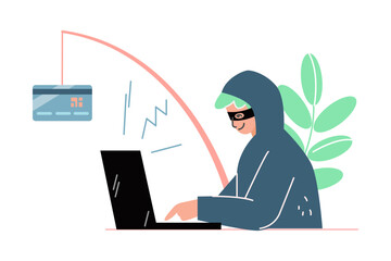 Liar and Internet Fraud with Man Thief at Laptop Phishing Steal Money from Card Vector Illustration