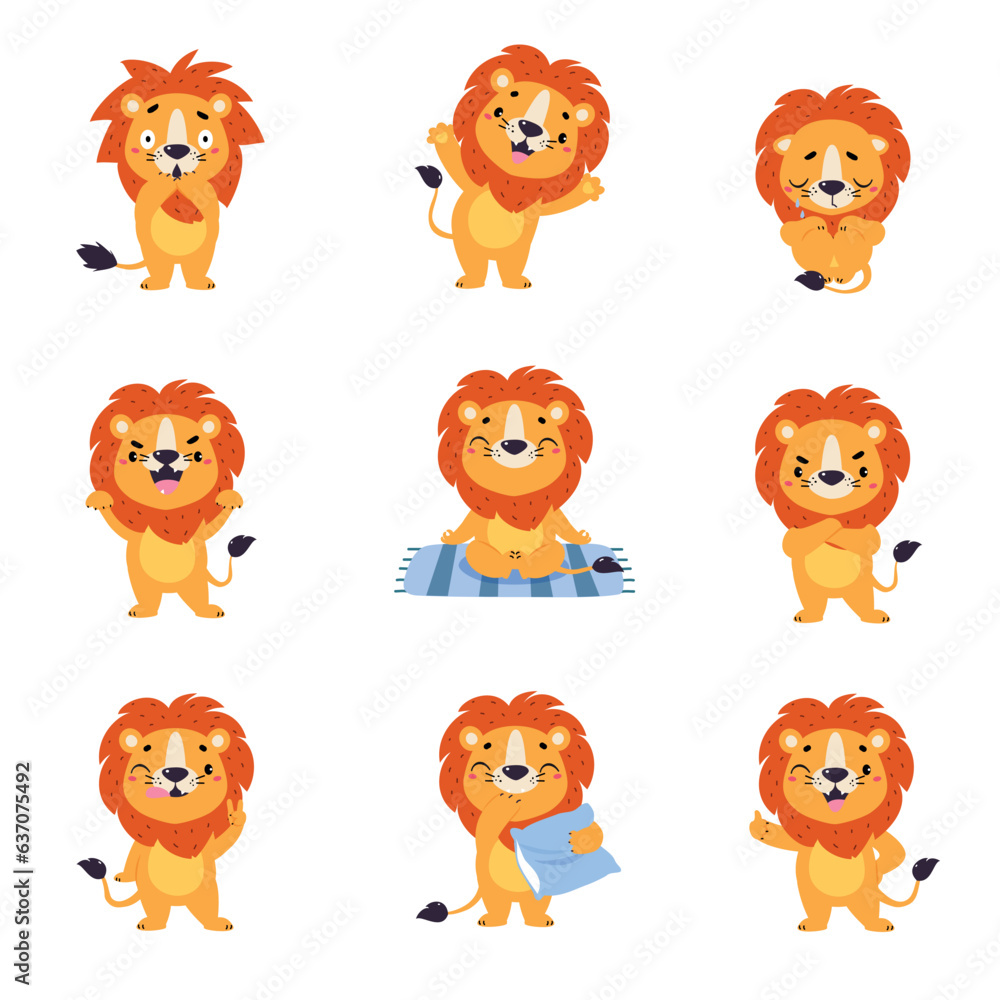 Poster cute lion character with mane engaged in different activity vector set