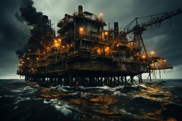 oil rig in the middle of the ocean at dusk