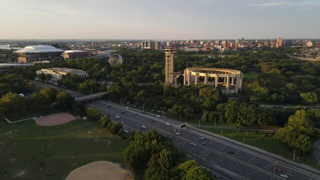 Aerial shot of Flushing Meadows Park at sunset