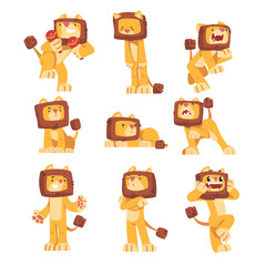 Cute Lion Character with Mane Engaged in Different Activity Vector Set