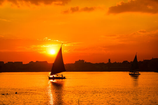 Cairo, Egypt - Traditional boats named "Felluca" in Nile River at sunset
