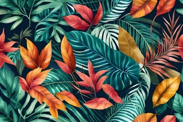Fototapeta na wymiar Trendy floral background with large exotic tropical leaves in style watercolor. Twigs with colorful leaves scattered random. Vector seamless pattern for fas