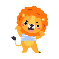 Cute Lion Character with Mane in Striped Shirt Roaring Vector Illustration