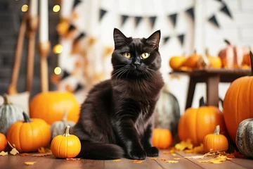 Foto auf Glas Cute funny black cat in halloween decor room. Happy Halloween party concept.  © colnihko