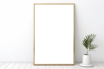 Wall art mockup. White blank vertical frame with wooden border. Bedroom with white background